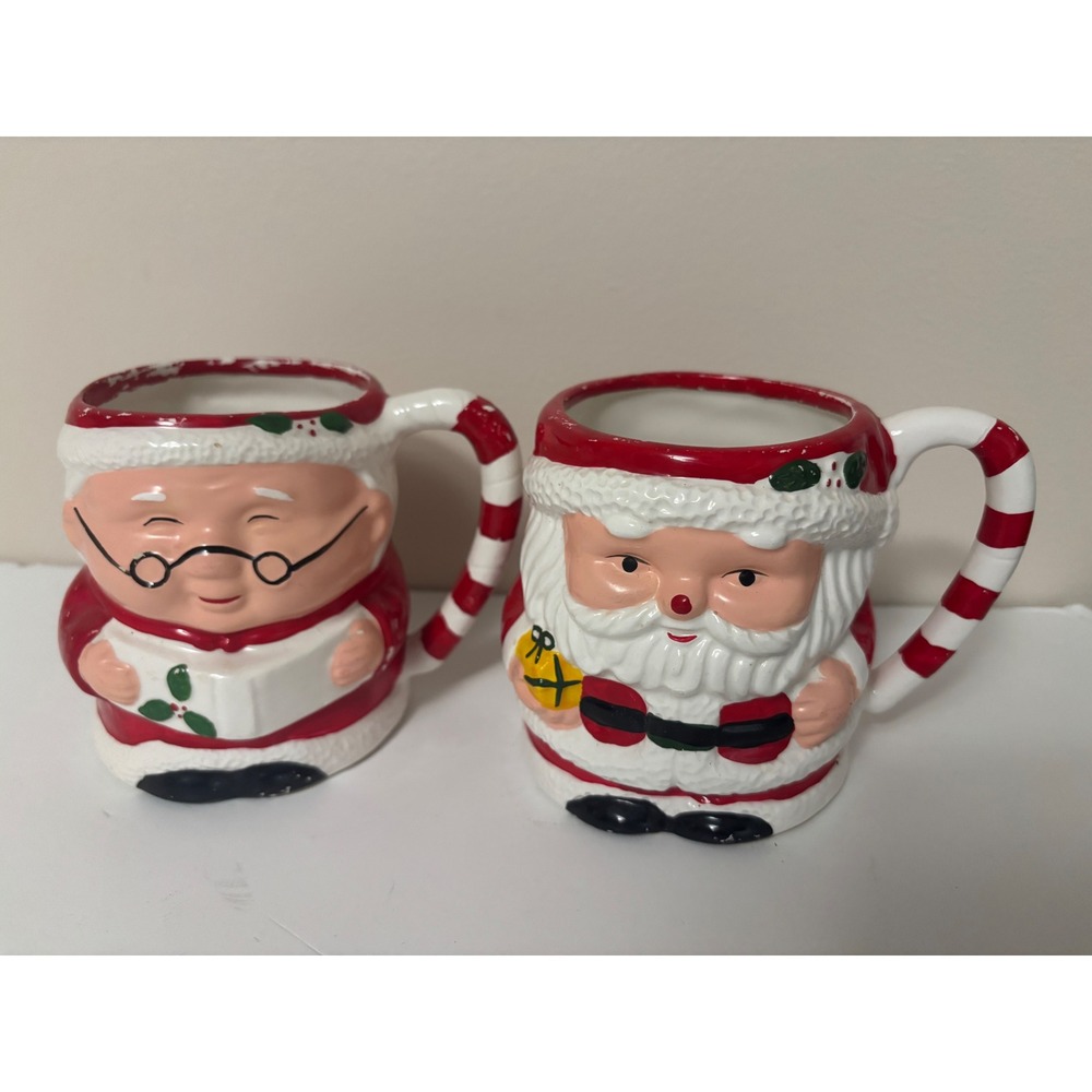 Vintage 90s Enesco Santa and Mrs Claus Ceramic Christmas Mugs Large Retro